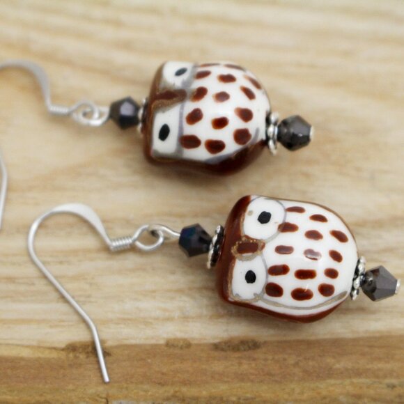 Brown Hand-painted Porcelain Owl Beaded Earrings - Hypoallergenic - Picture 2 of 8